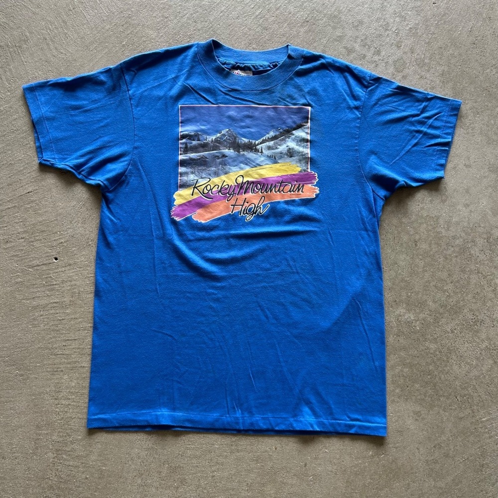 Vintage‎ 80s Rocky Mountain High Shirt Size Large Blue Outdoor Hiking USA Made